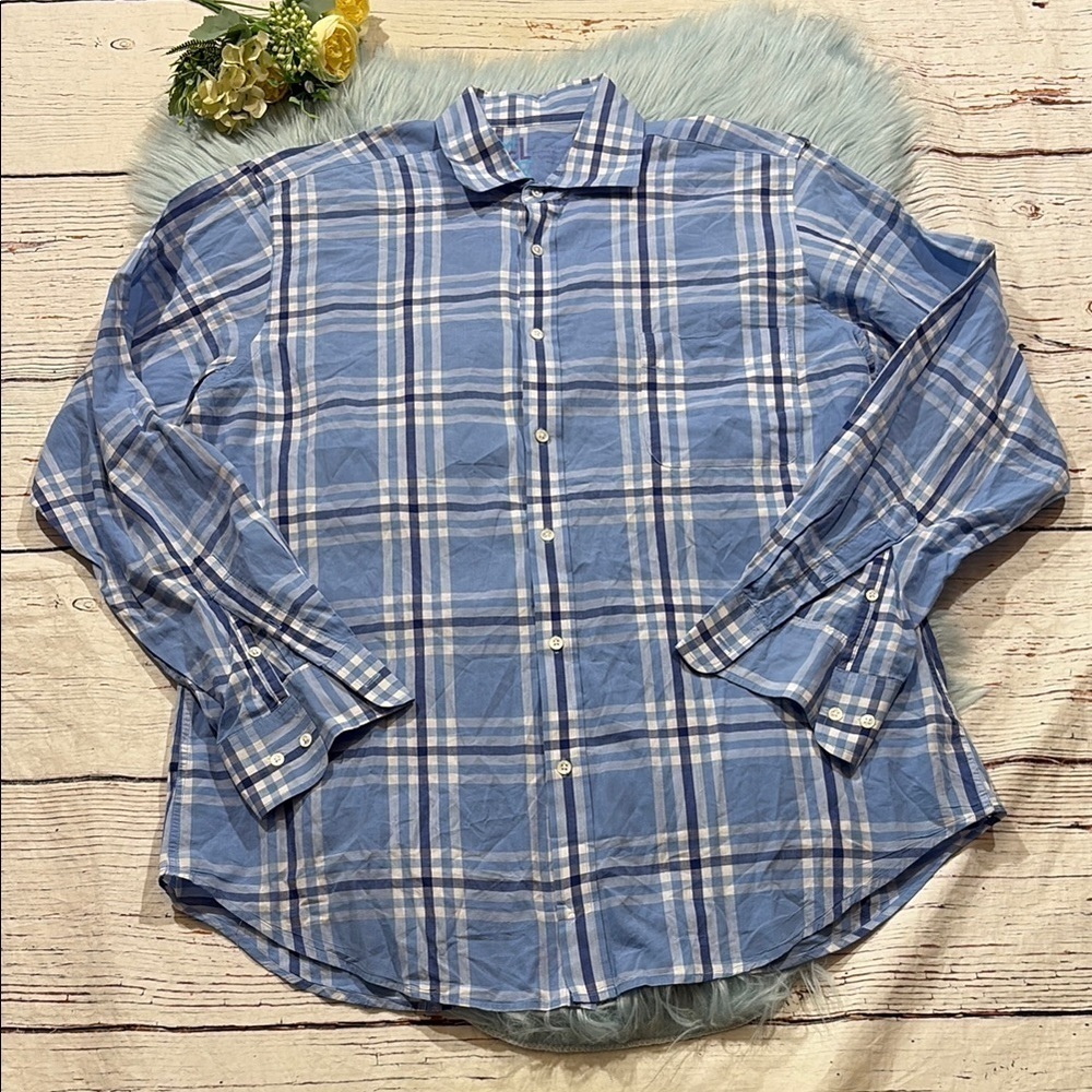 J. McLaughlin Men’s Light Blue Plaid Button Down Cotton Shirt sz L